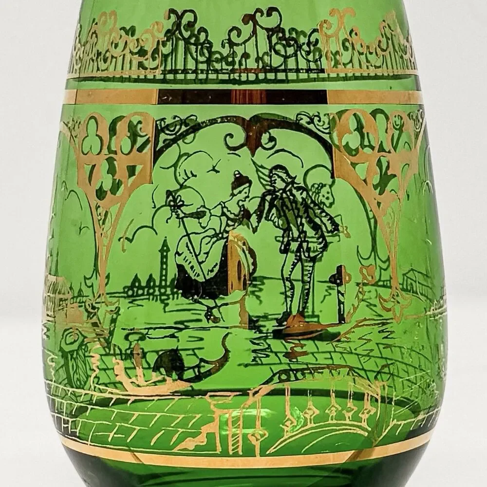 Vintage Bohemian Green Glass Vase Gold Enamel Courting Scene Czech